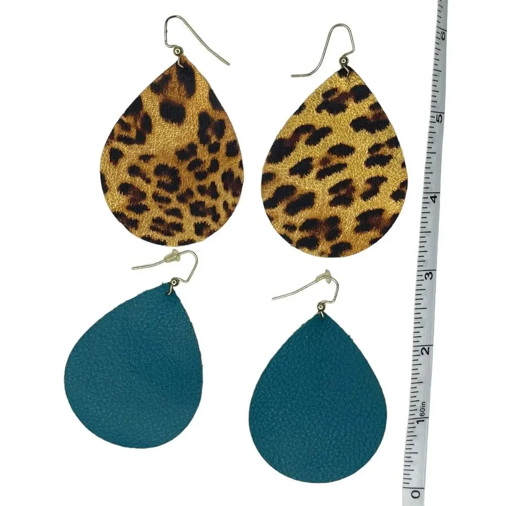 Faux Leather Teardrop Earrings Set of Two Metallic Leopard Print and Solid Teal